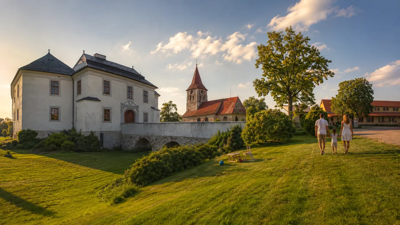 Zámek Pluhův Žďár, kostel a areál penzionu při západu slunce