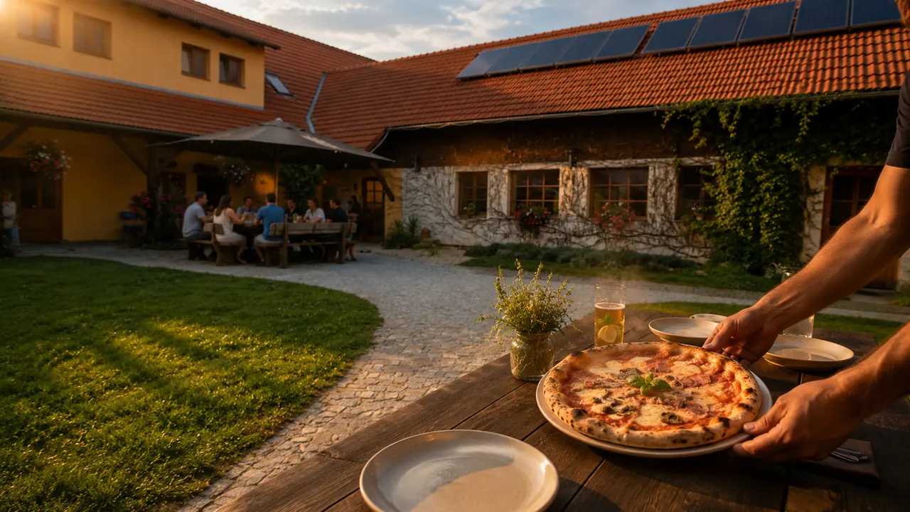 Domácí pizza z pece podávaná na dvoře penzionu