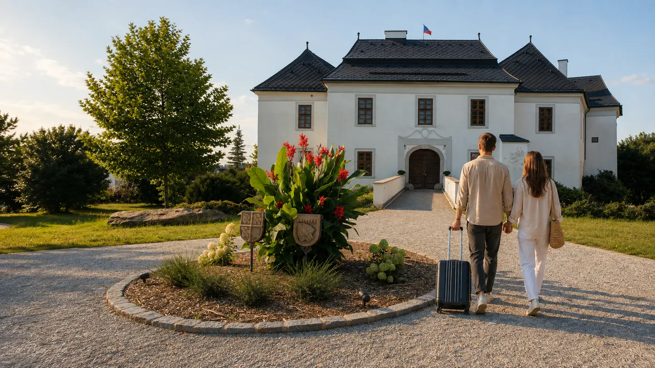 Hosté přicházejí k penzionu U Zámku se zavazadly